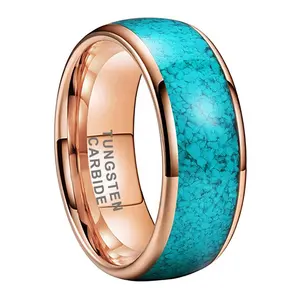 Coolstyle Jewelry 8mm Rose Gold Tungsten Ring for Men Women Crushed Turquoise Inlay Fashion Jewelry Engagement Wedding Band