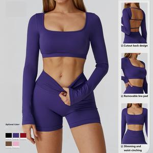 WOJIEER nuovo Design per allenamento con scricciolo quadrato Slim Fit camicia <span class=keywords><strong>Crop</strong></span> sostenibile a manica lunga da palestra da donna - Product Image 2