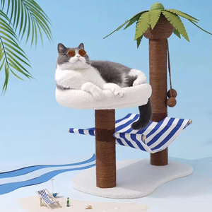 Structure d'escalade et lit tout-en-un pour chat, design moderne et classique, motif cocotier, avec griffoir et jouet à griffer pour chat, en MDF et carton - Product Image 2