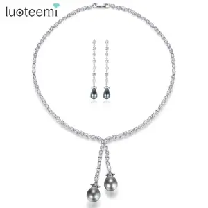 LUOTEEMI Romantic Cubic Zirconia Tennis Chain Gray Waterdrop Created Pearls Pendant Necklace for Women Wedding Choker Necklace
