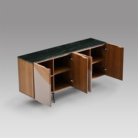 Buffet de luxe 1,6 m avec plateau en marbre Verde Alpi naturel et placage en noyer, meuble de salle à manger avec revêtement en cuir de selle