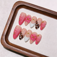 Faux ongles à presser en acrylique faits main, motif fleur rose 3D, imprimé léopard, dégradé rose, perles dorées, forme amande longue, pour salon de beauté, vente en gros