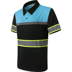 Hi Vis kaus Polo reflektif pria, kaus keamanan kerja lengan pendek bernapas dengan saku