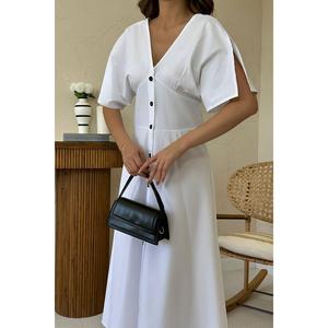 Vestido Midi Blanco con Cuello en V y Espalda Descubierta, Corte en A, Cintura Natural, Tejido Transpirable, Uso Diario Informal - Product Image 2