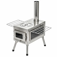 Poêle de camping portable en acier inoxydable avec grande fenêtre latérale en verre, supports latéraux pliables, poêle à bois
