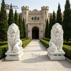 Paire de statues de lions en marbre <span class=keywords><strong>blanc</strong></span> grandeur nature, sculptées à la main, sculpture de lion gardien debout pour entrée de villa, manoir, portail extérieur - Product Image 6