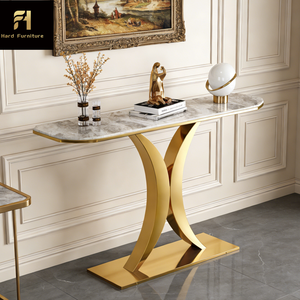 โต๊ะคอนโซลทางเข้าดีไซน์หรูหราสไตล์อิตาลีแบบเรโทร ผลิตจากหินเผาคุณภาพสูง พร้อมขาโต๊ะสแตนเลสสีทองฝรั่งเศส - Product Image 1