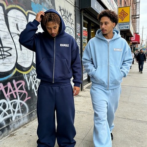 Custom High Quality Unisex 100% Cotton Embroidery Digital Breathable Zip-Up Hoodie Flared Sweatpants Heavyweight 2-Piece <b>Set</b> - Product Image 1