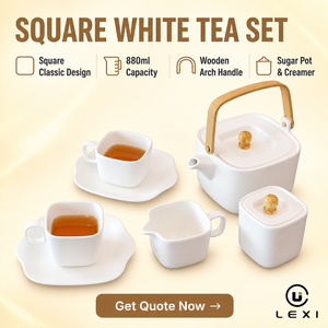 Service à thé et café carré en porcelaine LEXI au design classique, pot à sucre et crème, blanc, durable, capacité 880 ml, logo personnalisable, bois - Product Image 2