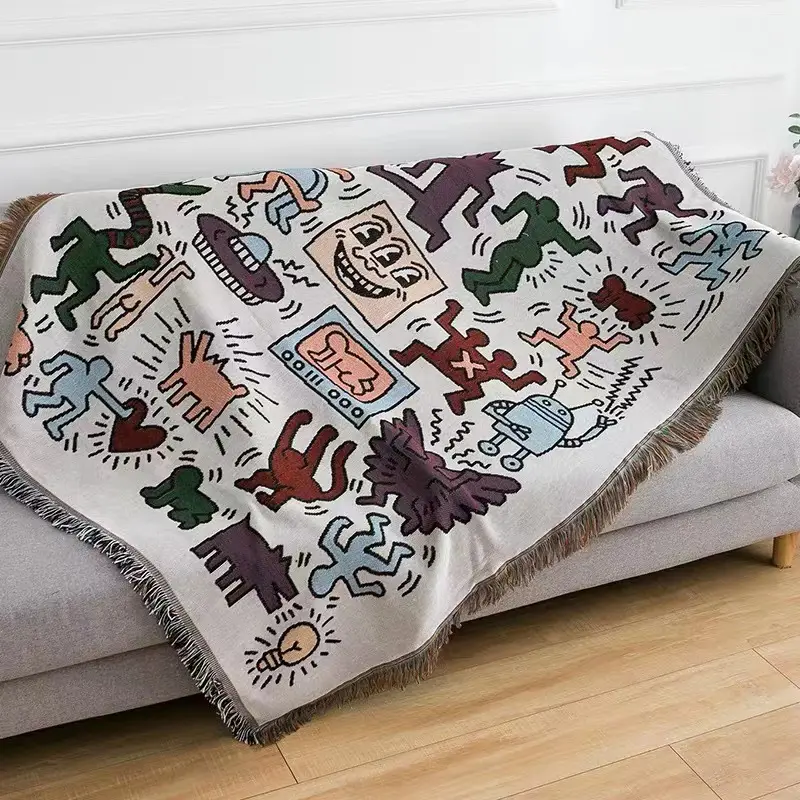 Diseñador personalizado algodón poliéster jacquard tapiz tejido tiro borla mantas con logotipo de diseño