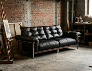 Canapé deux places en cuir véritable noir de style vintage, ensemble minimaliste rétro en cuir pleine fleur, style <span class=keywords><strong>Bauhaus</strong></span>, pour usage hôtelier - Product Image 3