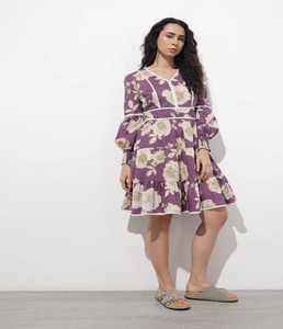 Robe midi en coton pour femme, couleur violette, col en V, manches longues, été, décontractée, confortable, légère, respirante, tendance, robe à la mode - Product Image 3