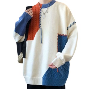 Autumn Winter Men's Fashion Thin Knitted Pullovers Patchwork Design Casual Korean Streetwear with Round Crew Neck Print - Product Image 1