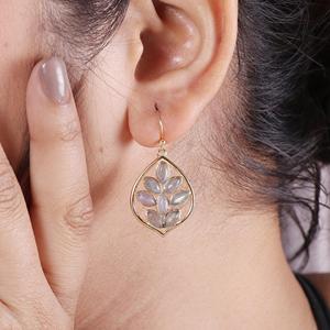 Women's Vintage Gold Plated Brass <b>Blue</b> Labradorite Leaf <b>Earrings</b>, Daily Casual Wear - Product Image 2