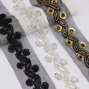 Tela de Encaje Bordado con Malla Negra y Blanca, Tela para Coser Ropa, Adorno de Cuentas de Cristal, Adorno de Lentejuelas con Flores para Disfraces - Product Image 6