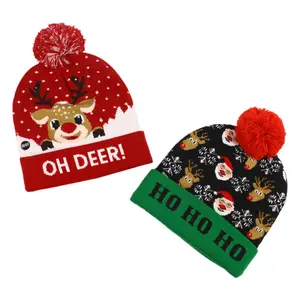 Warm LED Christmas Hat Light Up Christmas Hat Unisex Knitted Beanie Holiday Hat With Deer Printing For Party