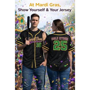 Personalized Black Mardi Gras <b>Baseball</b> Jersey Custom Name Number Unisex Adult Summer Style Button Down Top - Product Image 3