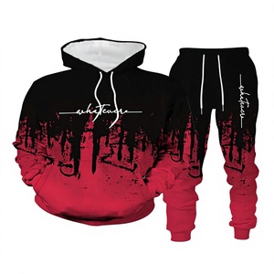 Ensemble de survêtement unisexe à capuche avec imprimé dégradé bleu effet gouttelettes, manches longues et pantalon à cordon, style streetwear, coupe adulte pour l'automne - Product Image 3