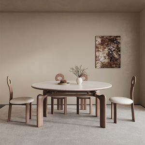 Solid Wood Slab <b>Dining</b> Table Extendable Travertine Top 4 Piece <b>Set</b> Wabi Sabi Style <b>Dining</b> Room Furniture - Product Image 4