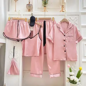 Eenvoudige Vier Seizoenen Roze Huispak Revers Top Halter Broek Zes Sets Losse Pyjama Dames