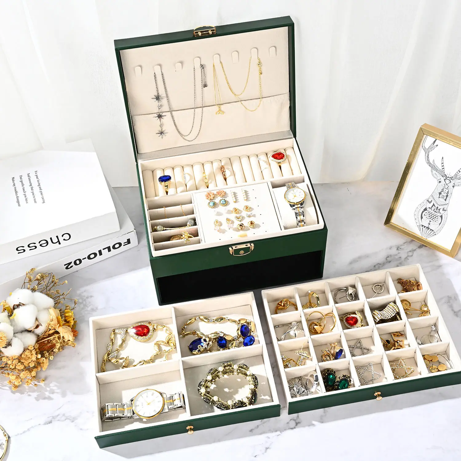 Caja de joyería de 3 capas, organizador de joyas con cajón organizador de joyas con organizador de pendientes de Pu regalos del Día de San Valentín