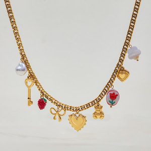 Stainless Steel Charm Necklace With Pearl Heart Red Flower Key Bow Bear Pendant Gift Jewelry - Product Image 2