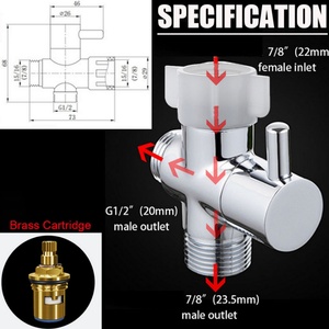 Robinet de dérivation en laiton pour toilettes, Robinet d'arrêt en T pour bidet, Connecteur en T 7/8" x 7/8" x G1/2" avec adaptateur UNEF9/16"-24 - Product Image 3