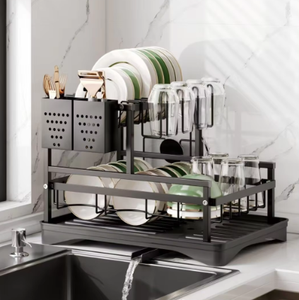Étagère <span class=keywords><strong>de</strong></span> rangement <span class=keywords><strong>de</strong></span> cuisine à 2 niveaux, en acier inoxydable multi-couches, mobile, non pliable, <span class=keywords><strong>avec</strong></span> panier égouttoir et porte-gobelets - Product Image 5