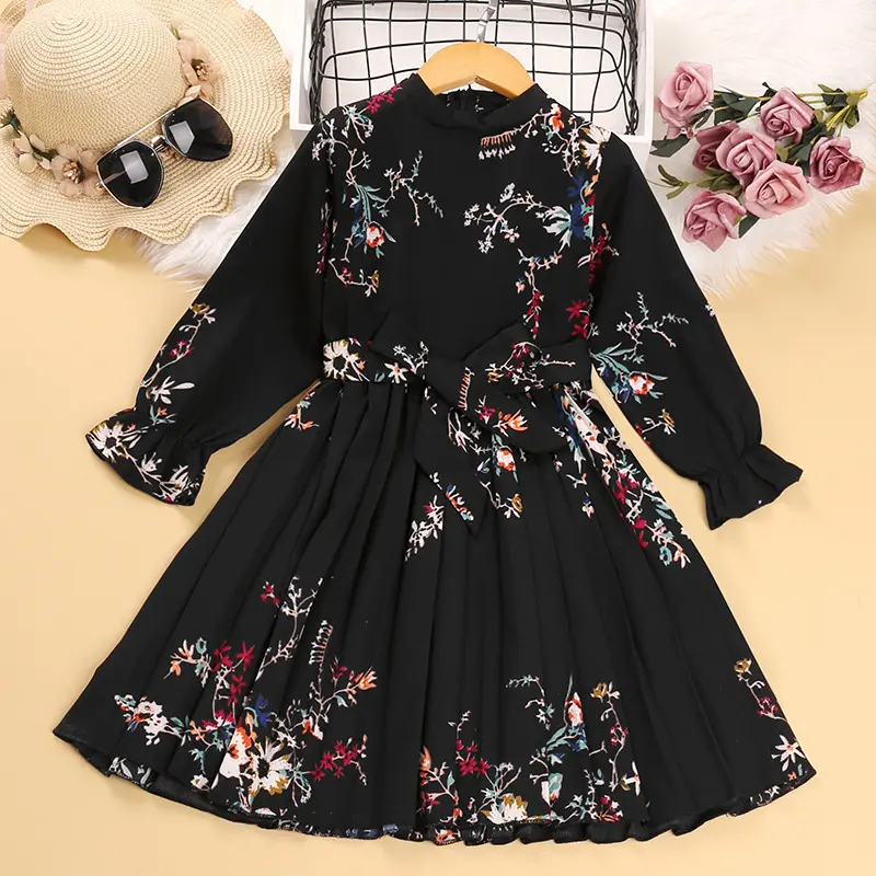 Spring Autumn Floral Printed Kids Girls Long Sleeve Dress Children Casual Dresses Outfit 5-12 Years Girls Dresses