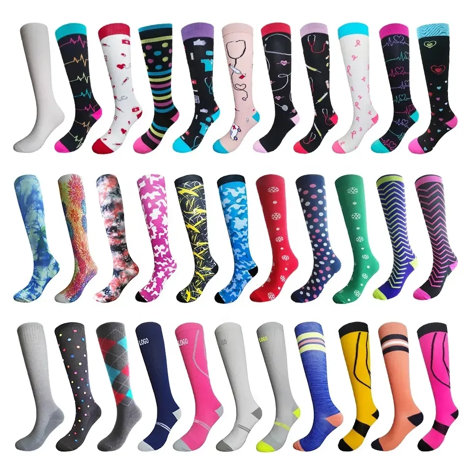 Chaussettes médicales de compression en nylon imprimé vierge Sublimation 15-20mmhg 20-30mmhg pour femmes hommes Circulation