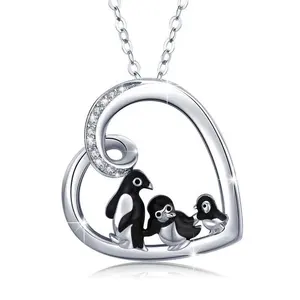 925 ayar gümüş kübik zirkonya takı penguen aile hayvan kolye kolye kadınlar için