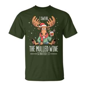 T-shirt de Noël « I Swear The Mulled Wine Started It » avec motif de renne, cadeau de vacances pour hommes, femmes et unisexe - Product Image 1