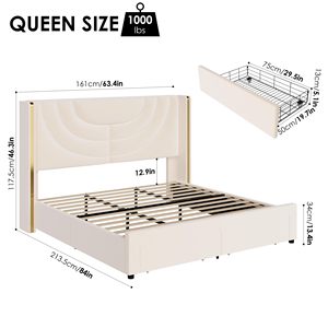 Cadre <span class=keywords><strong>de</strong></span> lit moderne entièrement rembourré avec LED réglable, 2 tiroirs <span class=keywords><strong>de</strong></span> rangement, lit plateforme en velours, tête <span class=keywords><strong>de</strong></span> lit à dossier haut, lattes métalliques, support non inclus - Product Image 3