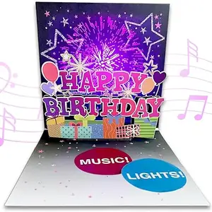 3D Fireworks Pop Up Musical Happy Birthday Greeting Cards With Blowable LED Candle Age Numbers Cards