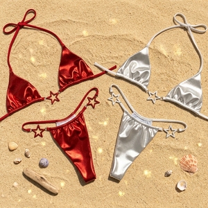 Maillot <span class=keywords><strong>de</strong></span> <span class=keywords><strong>bain</strong></span> personnalisé tendance euro-américain en satin deux pièces style Baudeau pour femme – Bikini élégant triangle pour la plage – Fabrication usine - Product Image 2