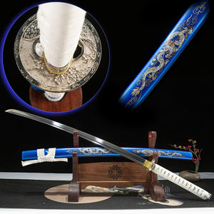 เหล็กกล้าคาร์บอนสูง ผลิตโดยหลงเฉวียน ตีขึ้นรูปด้วยมือ ทาสีน้ำเงิน ลายมังกร ดาบยาว 103 ซม. ของตกแต่งบ้าน ของสะสม ของขวัญ - Product Image 1