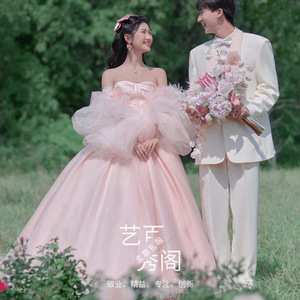 Pink Strapless Tulle Ball Gown Wedding Dress Empire Waistline For Outdoor Photography - Product Image 1