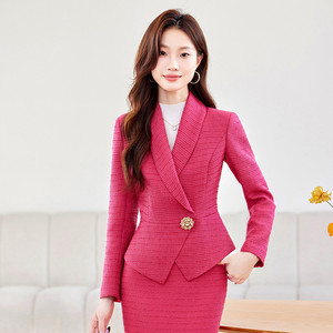 Nouvelle collection automne-hiver, robe professionnelle deux pièces rouge rose pour <span class=keywords><strong>femme</strong></span>, petite taille, costume court à parfum, blazers pour femmes, costumes pour femmes - Product Image 1
