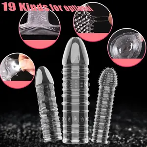 Uzatma kullanımlık prezervatif Penis kollu erkek büyütme süresi gecikme başak Clit masaj kapak kristal temizle prezervatif yetişkin seks oyuncak