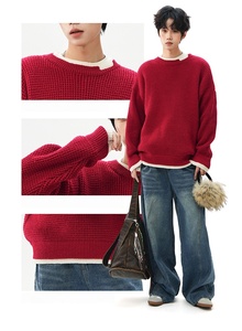 เสื้อสเวตเตอร์ถักแบบหนา ระบายอากาศได้ดี สไตล์มินิมอล คอเสื้อแบบสตรีท ทรงโอเวอร์ไซส์  แบบสองชิ้นหลอกๆ  สำหรับฤดูใบไม้ร่วงและฤดูหนาว  สำหรับทั้งชายและหญิง - Product Image 3