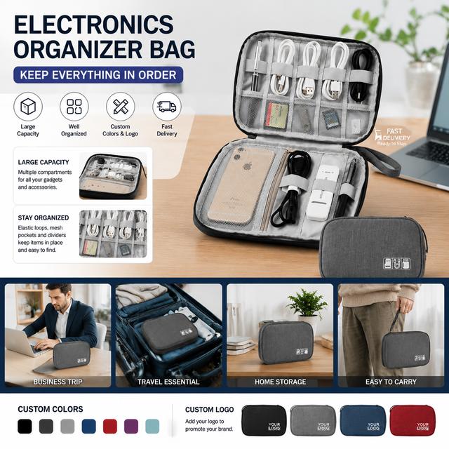 Custom Logo Luxury Canvas Waterproof Electronics Organizer Bag Large Capacity Travel Cable Digital Accessories Storage Case