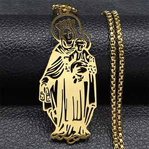 Collar con Colgante de la Virgen María y el Niño en Acero Inoxidable, Corte Láser, Cadena Tipo Caja, Joyería Religiosa Unisex - Product Image 3