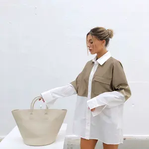 새로운 바느질 패치 워크 PU 가죽 느슨한 중간 길이 블라우스 여성 패션 디자인 긴 소매 코튼 화이트 셔츠