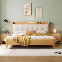 Lit double moderne en bois massif nordique avec rangement et veilleuse, ensemble de chambre de luxe, taille Queen/King, extensible