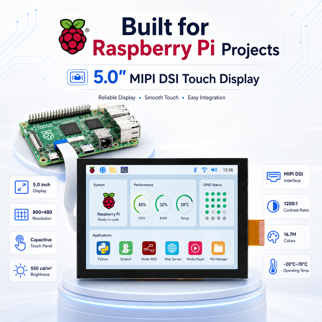 5 Inch MIPI DSI TFT LCD Display 800x480 Capacitive Touch Screen 550 Nits for Raspberry Pi 3 4 for Embedded HMI