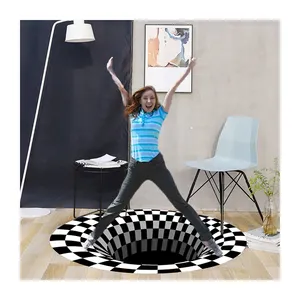 Karpet Tanpa Dasar Bulat Hitam dan Putih Jaring 3D Ilusi Pusaran Aliran Antiselip Mode Karpet Rumah