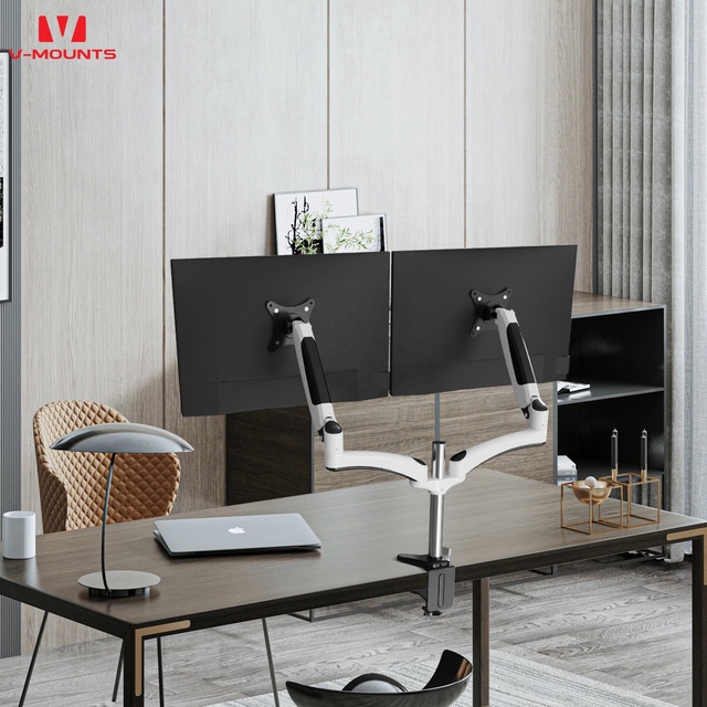 V-mounts Dual Monitor Desk Mount Gas Spring Adjustable Arm 2 Monitors 15-32inch Aluminum ABS VESA 75/100 Silver/Black 90 Tilt