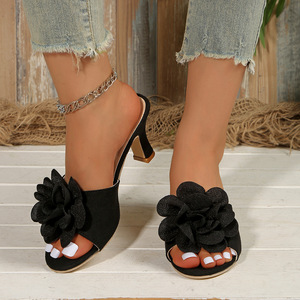 Elegant Fabric Flower Decoration Mule Slippers Peep Toe Mid <b>Block</b> Heel Women Dating Daily Footwear - Product Image 6