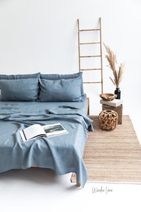 Ensemble de draps en lin. Lin doux lavé double, double, reine, literie king. Ensemble de draps bleu poussiéreux - Product Image 3