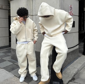 Custom logo 100% 450 Gsm Cotton Oversized Men's Baggy Plain Cropped Heavy Zip up Hoodie and Loose Fit Sweatpants Tracksuit <b>Set</b> - Product Image 2